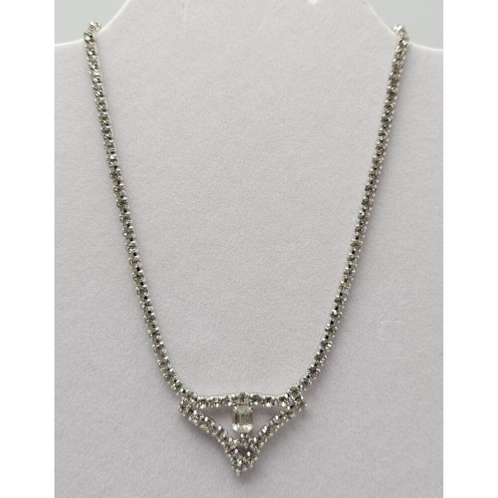 Vintage Rhinestone Necklace With Art Deco Style Pendant Clear Stones